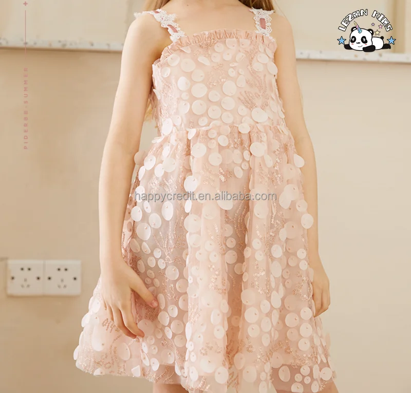 LEZONKIDS - Customizable Sparkle Iridescent Suspender Floral Sequin Girls Tulle Dress for Summer